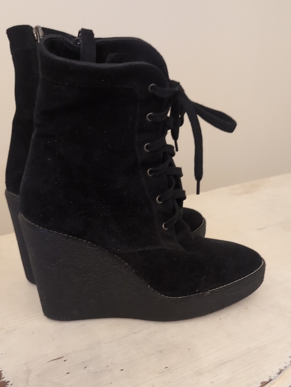 Aquatalia  Water Proff Black Suede Lace-Up Wedge Ankle Boots